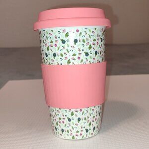 Granny Chic Coffee Mug Ceramic Floral Pink Silicone Lid Heat Thermo Jacket